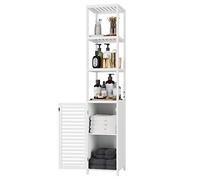 FOREHILL Mobile Bagno Colonna,Mobile Alto Bagno in bambù con 3 Ripiani Aperti e 1 Ante,Mobiletto Autoportante da Angolo,per Bagno Cucina Soggiorno 33x34x169cm(Bianco)