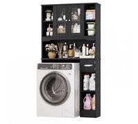 FOREHILL Mobile Lavatrice con 2 Ante, Mobile Sopra WC a 7 Scomparti Aperti e Porta Fazzoletti, Scaffale Sopra Lavatrice a Ripiani Regolabili, Mobiletto Asciugatrice, 89x20x173cm (Nero)