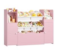 FOREHILL Organizer Giocattoli, Porta Giochi Bambini con 6 Scatole Contenitori, Mobile Porta Giochi con Portariviste, 1 Cassetto Grande con Ruote, per Cameretta e Sale Giochi, 138x30x94 cm (Rosa)