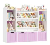 FOREHILL Scaffale per Giocattoli con 4 contenitori su ruote,Libreria Montessoriana per bambini con 6 Contenitori Rimovibili in Plastica,per Camera dei Giochi 140x30x106cm (Lilla)
