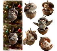 Forest Animal Acorn Ornaments,Cozy Woodland Christmas Creature Figurine,2D Christmas Tree Acrylic Pine Cone Hanging Decor for Home Party Decor (BB)