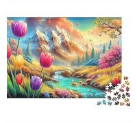 Forest Cottage Puzzle da 1000 Pezzi per Adulti Tulipani Ruscello Montagna Premium Spesso Robusto Vibrante Sfidante Antistress Regalo 70x50cm/1000pcs