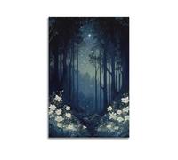 Foresta magica scura con lucciole e un cielo stellato pittura foresta bianca fiori incantevole paesaggio scuro poster da parete pittura decorativa su tela poster da parete e stampa artistica moderna