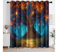 Foresta Onirica Piante Alberi Secolari Tende Oscuranti per Interni 2 Pezzi, Termiche Isolanti Anti-Rumore con Anelli oscuranti, per soggiorno cameretta dei bambini, Blu Arancione, 117 x 229 cm