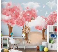 Foresta Rosa Dipinta A Mano Giraffa Volo Degli Uccelli In Volo 3D Carta Da Parati Facile Installare Mobili Sfondi Ufficio Divano Camera Letto Sfondo Decorazione Murale-150cm×105cm