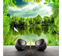 Foresta Verde Fresca Lago Uccelli In Volo Moderna Carta Da Parati 3D Seta Pregiata Testurizzata Ideale Per La Camera Letto Del Soggiorno-250cm×170cm