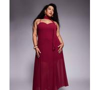 Forever New Curve - Vestito lungo bordeaux con sciarpa al collo, fondo a fazzoletto e spalline sottili-Rosso 50