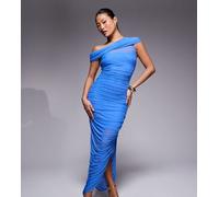Forever New Petite - Vestito arricciato in rete blu scuro asimmetrico con gonna al polpaccio 38