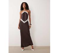 Forever New - Vestito lungo allacciato al collo color cioccolato con finiture in pizzo-Verde 46