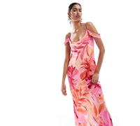 Forever New - Vestito lungo in raso rosa a fiori con spalle drappeggiate 40
