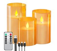 Forever Speed 3 Pezzi Vetro Dorato Candele LED Ricaricabili con Timer, Dimmerabile Candele Senza Fiamma con Cavo USB Flameless Candele per Decorazione per Feste, Campeggio, Matrimonio, Regali