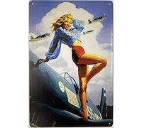 Forever_USA Tin metal Sign | pin Up Girl in posa con aereo 8 x 12 in | Retro Vintage decorazione da parete garage bar Room Restaurante Decor