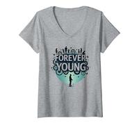 Forever Young: Non Lasciare Che Il Vecchio Uomo in Grafica Vintage Maglietta con Collo a V, Donna, Grigio Melange, M