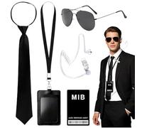 Foreverup Agent Costume accessorio da uomo in costume nero, set di costumi da spiona, accessorio per costume da spia con occhiali da sole neri, cravatta, carte d'identità, porta carte, per cosplay