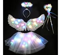 Foreverup Ali d'Angelo Luminose, Costume da Angelo con Tutu Gonna Ali ed Aureola Bacchetta Magica Principessa Costumi Accessori, Costume Fata Angel per Feste in Halloween Carnevale Cosplay Party