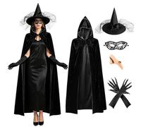 Foreverup Costume da Strega, Mantello con Cappuccio | con cappello da strega, mantello, guanti e maschera, per Carnevale Masquerade Festa Cosplay (150cm)
