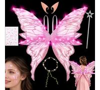 Foreverup Luminose ali di Fata a Led, Ali di Farfalla, Ali da Fata | con Orecchie da Elfo, Cerchietto da Fata a Led e Bacchette di Fata a Stella, Ali da Principessa per Carnevale, Halloween