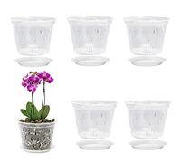 Foreverup Vasi per orchidee trasparenti da 14 cm, confezione da 5 vasi in plastica con fori di drenaggio e piattini, vasi per piante in plastica per interni traspiranti con scanalature, per tutte le