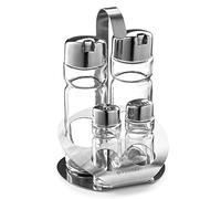 Forgast Set per Spezie 4 Elementi con Stand, Saliera, Pepiera, Dispenser per Olio e Aceto, in Acciaio Inox, Spargisale e Pepe, Transparente, Facile da Pulire, Lavabile in Lavastoviglie