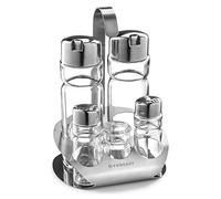 Forgast Set per Spezie 5 Elementi con Stand, Saliera, Pepiera, Dispenser per Olio e Aceto, Porta Stuzzicadenti, in Acciaio Inox, Transparente, Facile da Pulire, Lavabile in Lavastoviglie