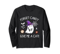 Forget Candy Give Me A Cat - Divertente Fantasma Boo con in Mano Un Gatto Nero Maglia a Manica