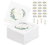 Forhandy 80 tovaglioli per battesimo, 33 x 33 cm, motivo: pesce intorno all'eucalipto, colore bianco, con 50 pezzi, decorazione per il pesce, per il battesimo, con scritta "Schön dass Du Da Bist für