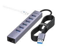 FORIDA Adattatore da USB a Ethernet in alluminio con hub USB a 7 porte, cavo lungo 1,2 m, porta Gigabit Ethernet, porta di alimentazione 5V/3A, prolunga USB compatibile con Windows, macOS, Linux e