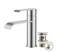 FORIOUS Rubinetto Bagno Lavabo con Piletta, Miscelatore Monocomando, Rubinetto a Cascata con Altezza Beccuccio 98MM, Design Moderno，Inox