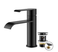 FORIOUS Rubinetto Bagno Lavabo Nero con Piletta, Miscelatore Monocomando, Rubinetto a Cascata con Altezza Beccuccio 98MM, Design Moderno