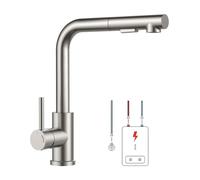 FORIOUS Rubinetto Lavello Cucina Bassa Pressione, Rubinetto a Forma L con Estraibile, Miscelatore Cucina 3 Vie per Scaldabagno o Sotto Lavello, 2 Getti, Rotazione 360°, Acciaio Inossidabi, Scanalata