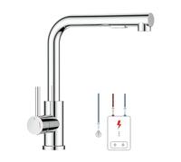 FORIOUS Rubinetto Lavello Cucina Bassa Pressione, Rubinetto a Forma L con Estraibile, Miscelatore Cucina 3 Vie per Scaldabagno o Sotto Lavello, 2 Getti, Rotazione 360°, Cromo Lucido, Scanalata