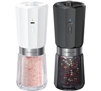 FORLIM Macina Sale e Pepe Elettrico a Gravità con 2 Velocità, 800mAh Ricaricabile, Funzione di Pulizia Auto-Inversa, Macina Pepe con LED Bianco, Nocciolo di Macinazione in Ceramica, Bianco & Nero