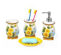 FORLONG Ceramic Sunflower Bathroom Accessories Set 4 Piece Bathroom Ensemble Set with Toothbrush Holder Toothbrush Cup Soap Dispenser Soap Dish