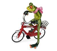 Statuetta decorativa a forma di rana su una bicicletta, verde e rosso, 16 x 17 cm