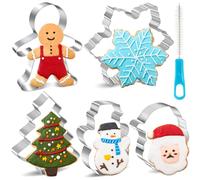 Formine Biscotti Natale 6 Pezzi, Kimfead Stampi Biscotti Natale in Acciaio Inox, Babbo Natale, Albero di Natale, Omino di Panpepato, Fiocco di Neve, Pupazzo di Neve e 1 Spazzola per la Pulizia
