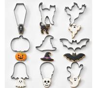 Formine per biscotti Halloween, 9 tagliabiscotti inox | Fantasma, pipistrello, gatto, zucca, teschio, bara e cappello da strega per impasto biscotti e fondente
