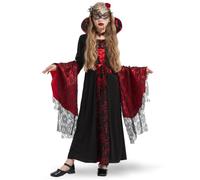 FORMIZON Costume Vampira Bambina, Gotico Vestito da Vampiro Nero e Rosso per Ragazze con Collana, Adesivi e Maschera di Pizzo, Cosplay per Halloween Festa Carnevale 5 à 10 Ans Ragazza