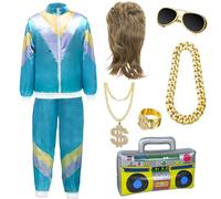FORMIZON Costumi Anni '80 Anni '90 Uomo Donna, Disco Accessorio con Parrucca, Gonfiabile Radio, Sunglasses, Collana Dollaro & Ring, Abbigliamento Anni '80 per Carnevale, Disponibile in 3 Taglie (XXL)