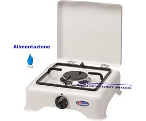 Fornello 1 fuoco a GPL con coperchio, bruciatore doppia corona (3,5 kW) Pyral N2, Dimensioni 29x29x h 12 cm spartifiamma e griglia smaltati Colore: bianco.
