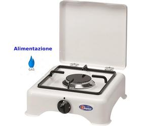 Fornello 1 fuoco a GPL con coperchio, bruciatore lega Pyral N2, Dimensioni 29x29x h 12 cm spartifiamma e griglia smaltati Colore: bianco.