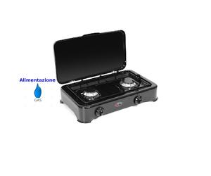 Fornello 2 fuochi con coperchio, GPL bruciatori lega Pyral N2 Dimensioni 48x29x h 12 cm spartifiamma e griglia smaltati Colore nero smaltato nero
