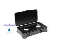Fornello 2 fuochi con coperchio, METANO bruciatori lega Pyral N2 Dimensioni 48x29x h 12 cm spartifiamma e griglia smaltati Colore nero smaltato