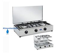 Fornello 3 fuochi in acciaio inox con coperchio, a GPL con piano estraibile, bruciatori lega Pyral N2 Dimensioni 61x36x15 cm spartifiamma e griglia smaltati Colore bianco smaltato cromo