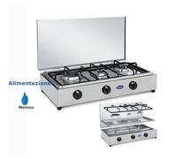 Fornello 3 fuochi in acciaio inox con coperchio, a METANO con piano estraibile, bruciatori lega Pyral N2 Dimensioni 61x36x15 cm spartifiamma e griglia smaltati Colore bianco smaltato cromo