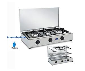 Fornello 3 fuochi in acciaio inox con coperchio, a METANO con piano estraibile, bruciatori lega Pyral N2 Dimensioni 61x36x15 cm spartifiamma e griglia smaltati Colore bianco smaltato cromo