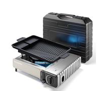 Fornello a gas a 1 fuoco, cucina portatile per cartucce gas 227g con accensione piezoelettrica, valigetta e piastra grill da 38 cm, uso interno ed esterno, 2,2 kW