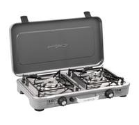 BRUNNER Fornello a Gas Devil KOOKMASTER, 2 fuochi, Superficie in Acciaio Inox - Accensione piezoelettrica, con Maniglia e Coperchio - per Avventure Outdoor, 30mbar, Potenza 2,4 kW x 2