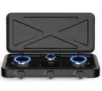 Fornello a gas da campeggio, 3 fuochi, in acciaio inox, con controllo della temperatura regolabile e accensione automatica, coperchio sicuro per uso a GPL, ideale per avventure all'aria aperta