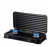 Fornello a gas da campeggio a doppio bruciatore portatile con autoaccensione, struttura in acciaio smaltato con griglie smontabili | regolazione precisa della fiamma e coperchio di protezione (nero)