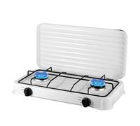 Fornello a gas da campeggio a doppio bruciatore portatile con autoaccensione, struttura in acciaio smaltato con griglie smontabili | regolazione della fiamma precisa e coperchio di protezione (bianco)